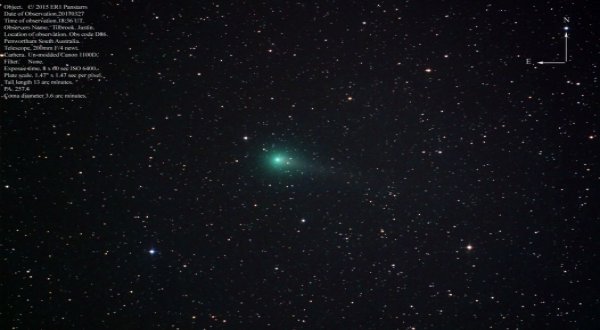 Imagem do cometa C/2015 ER61 (PANSTARRS), tomada em 27 de março de 2017, em Penwortham (Austrália). Foto: Justin Tilbrook